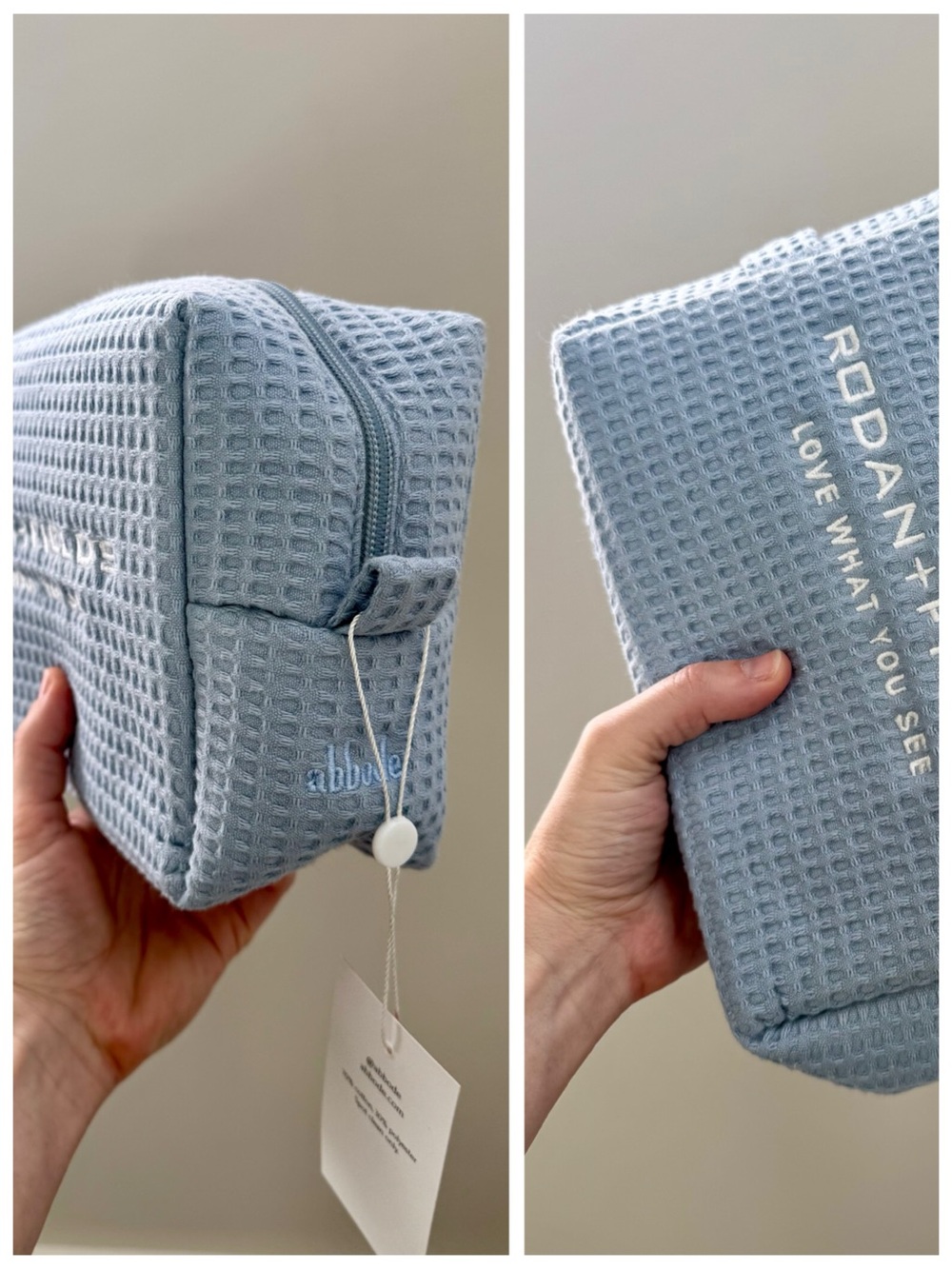 ABBODE R&F Waffle Knit Periwinkle Blue Cotton Cosmetic Bag, Large Zip-Around - Picture 9 of 17